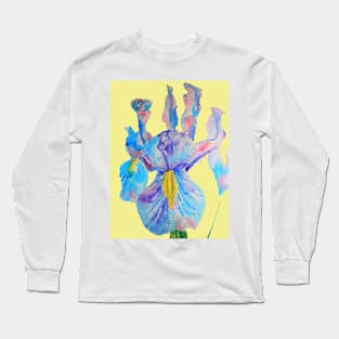 Iris Watercolor Painting - Blue with Raindrops - on Lemon Yellow Long Sleeve T-Shirt